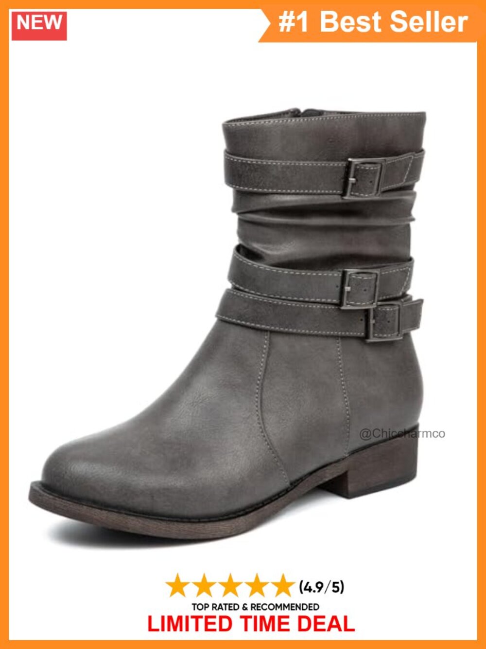 Mid-Calf Motorcycle Boots Faux Leather Low Heel Side Zip Slouchy Women's